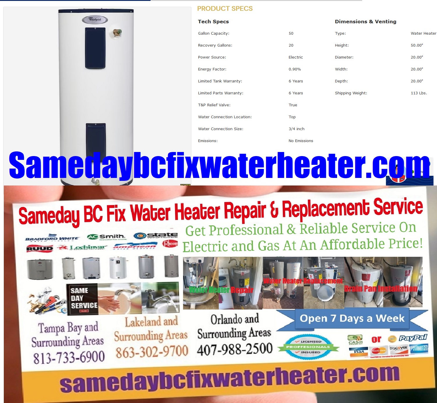 Whirlpool E1F50RD045V 50 Gallon Electric Water Heater Overview, Repair, Replacement, Installation and maintenance Service
